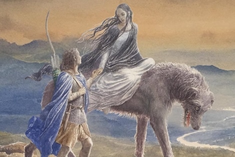 A book cover features an image of a man holding the hand of a woman on a giant wolf-like creature.