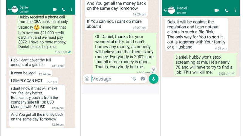 WhatsApp messages between a scammer and a victim. 