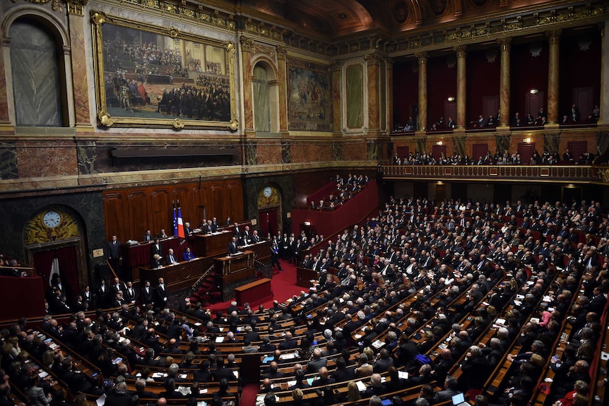 French President Francois Hollande delivers a speech to members of Parliament.