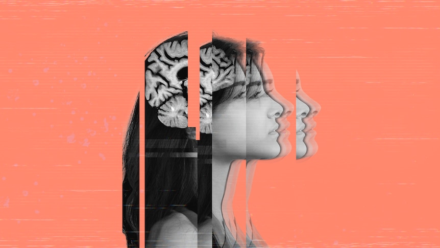 A graphic image of a woman whose brain is visible, split in glitching pieces