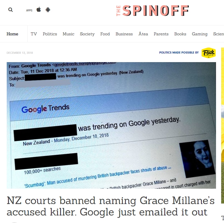 Screen grab of The Spinoff article shows the Google email.