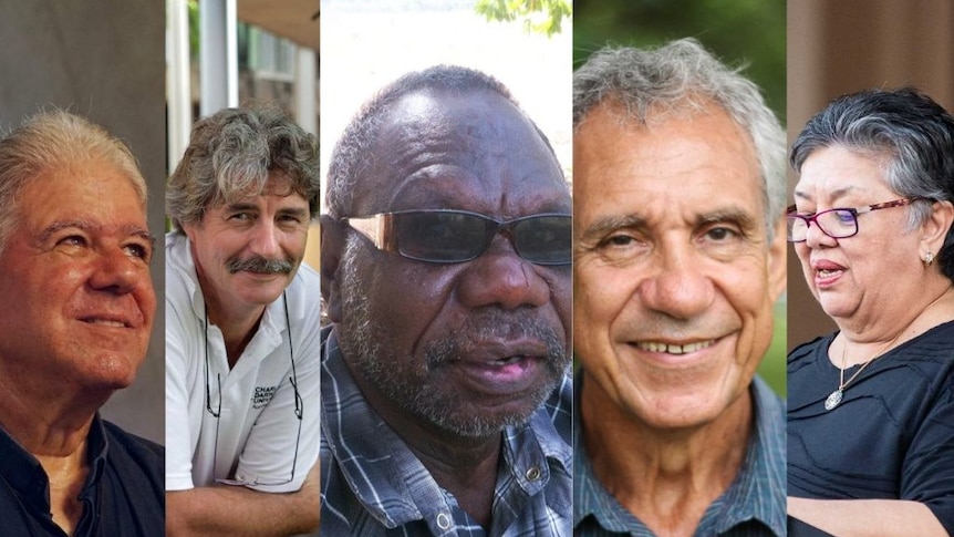 A composite image with headshots of Bishop Charles Gauci, Dan Baschiera, Pirrawayingi, Charlie King, and Bilawara LeeDar