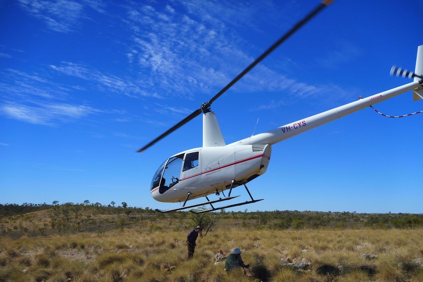 A helicopter hovers above the ground.