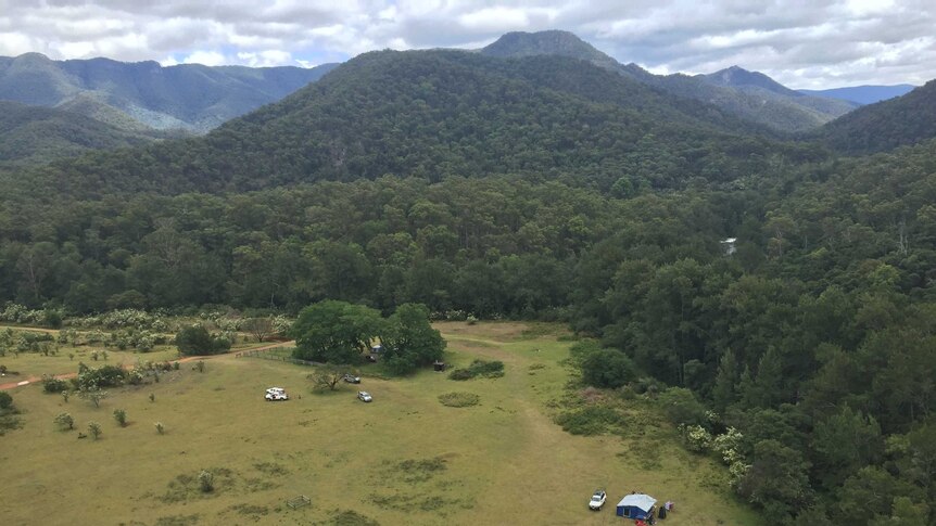 An aerial view of a campsite in a clearing of the Deua National park west of Moruya.