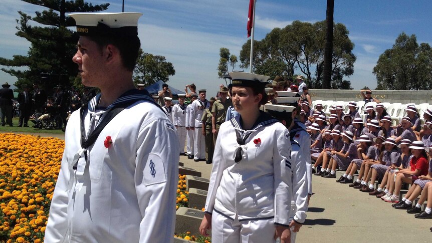 A group of recruits from the Navy line up at Kings Park in Perth during Remembrance Day