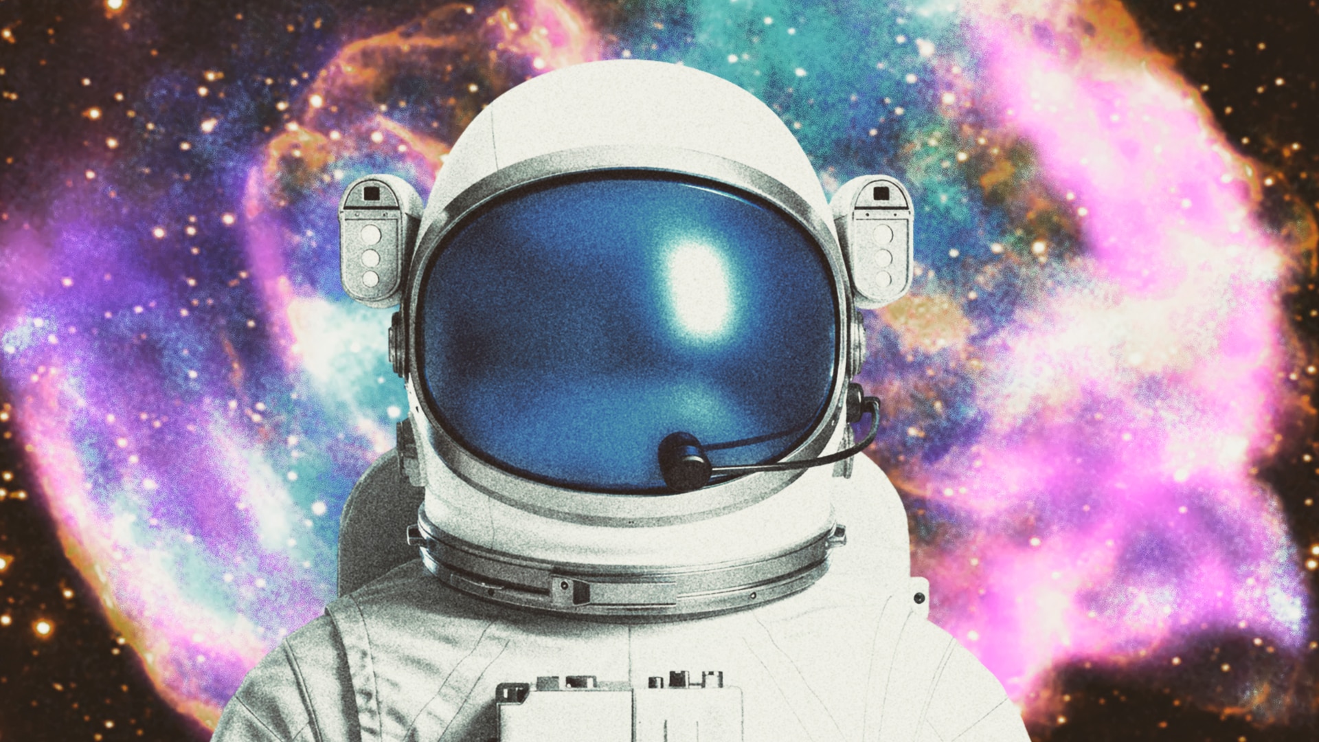 Illustration of an Astronaut in front of a nebula in space.