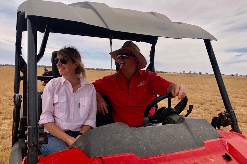 A man in a red shirt drives a buggy, with a woman in a pink shirt sitting in the passenger seat.