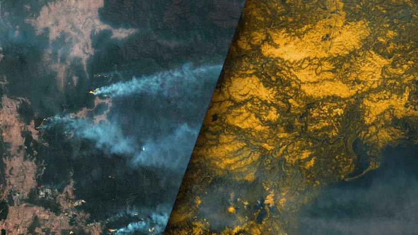 A composite image shows the Gospers Mountain bushfire burning and damage from the fire picked out in yellow.
