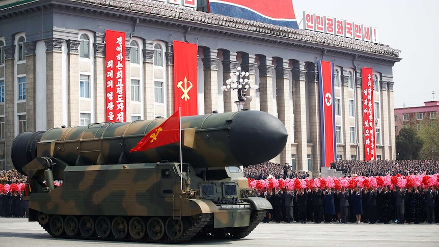 People cheer as a missile is driven past the stand with North Korean leader Kim Jong Un during a military parade.