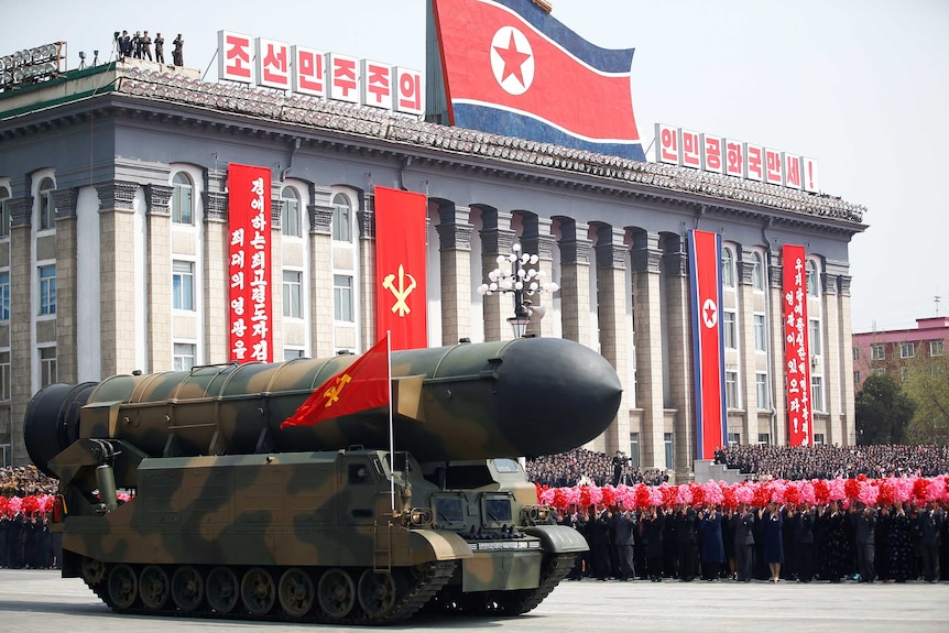 People cheer as a missile is driven past the stand with North Korean leader Kim Jong Un during a military parade.