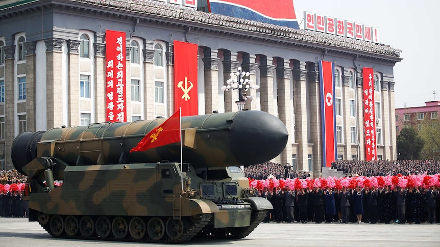 A missile is shown off at a military parade in Pyongyang.