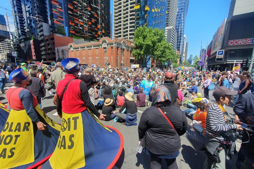 A crowd of hundreds of people gathered in the streets of Melbourne.
