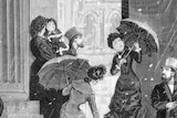 1882 drawing of  ladies with long dresses and parasols, men in top hats sheltering from the snow and boys playing in it.