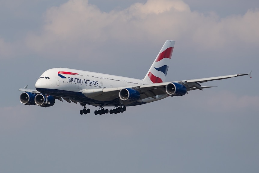 A A380 passenger plane with British Airways branding.