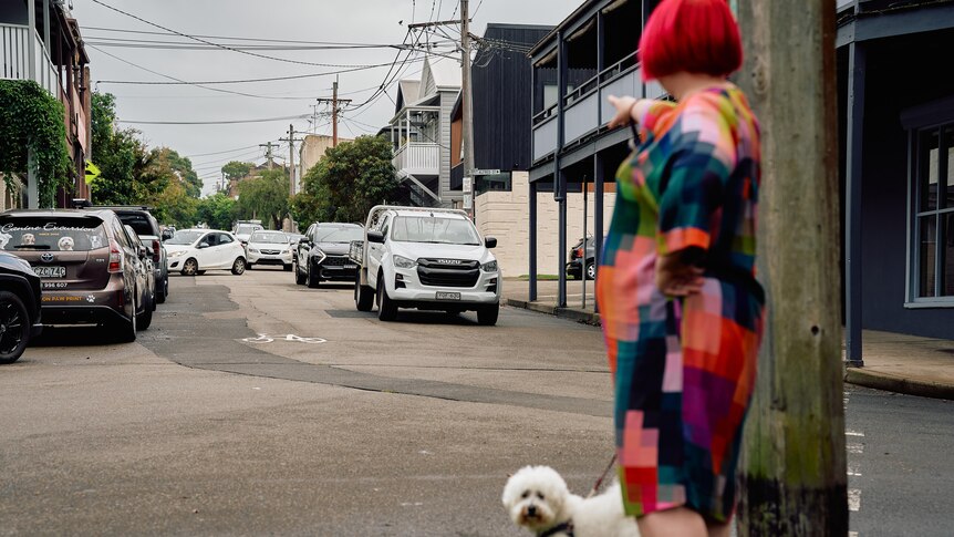 Woman with red hair and white fluffy dog pointing at cars on her street