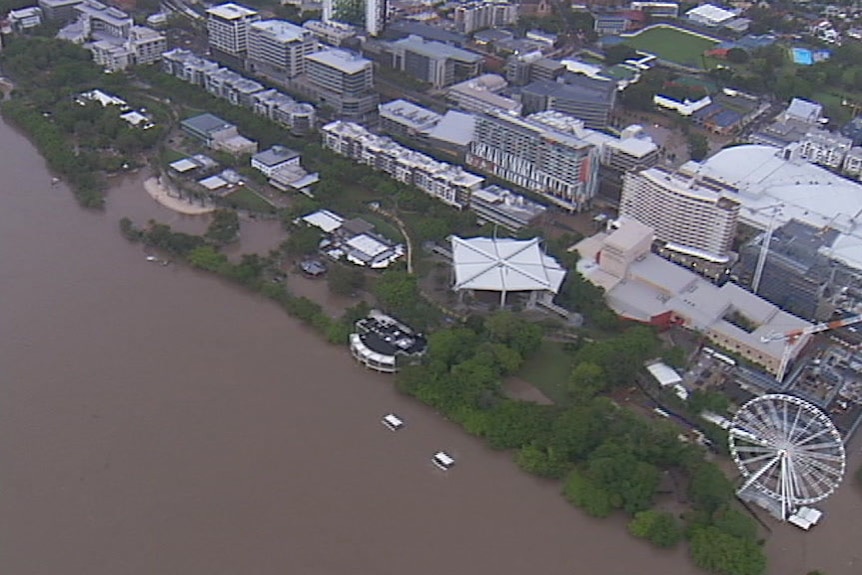 An aerial shot of southbank flooded during 2011.
