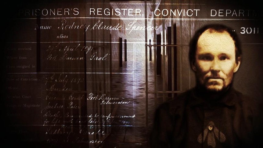 Graphic image of Rodney Spencer overlaid with text re 'Prisoner's Register, Convict'