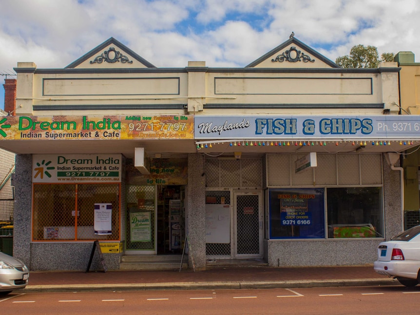 An Indian supermarket next to Fish and Chip shop in Perth