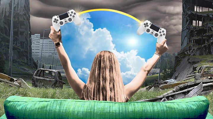 A behind the head view of a girl on a couch in an apocalyptic wasteland, opening up a portal to blue skies with two controllers