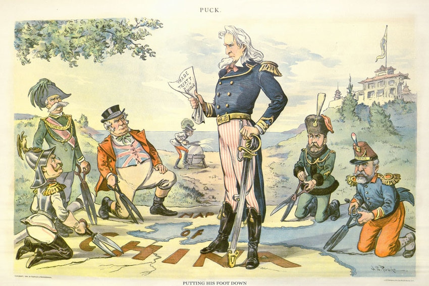 A 19th-century political cartoon shows American and European imperial leaders standing over a map of China as they cut into it.