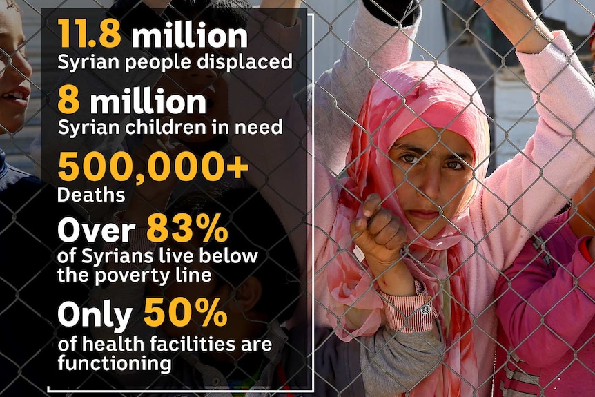 A girl stares through a fence beside a list of facts on the Syrian crisis.