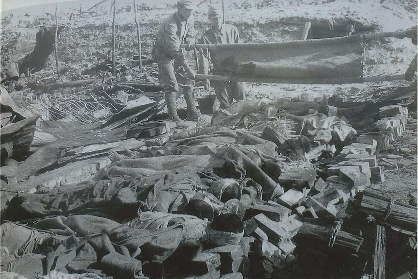 Members of the British Commonwealth Occupational Forces help with the clean up at Hiroshima after World War II