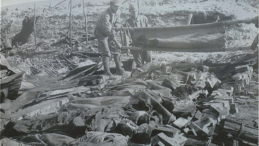 Members of the British Commonwealth Occupational Forces help with the clean up at Hiroshima after World War II
