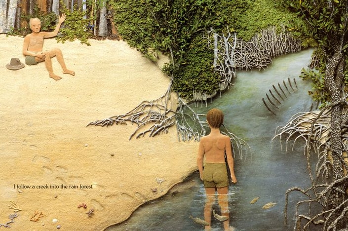A collage of a boy standing in a river in the rainforest as his grandfather waves from the shore.