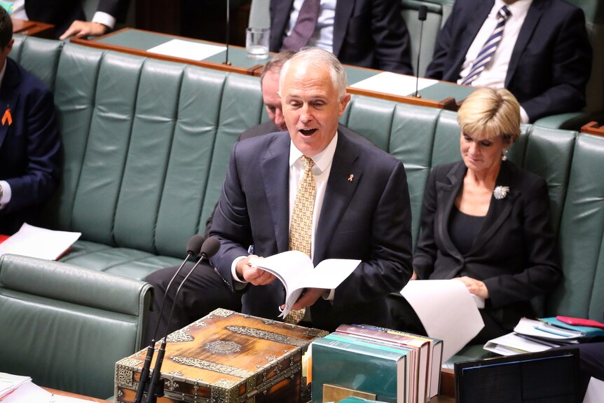 Prime Minister Malcolm Turnbull flips through paper in Parliament