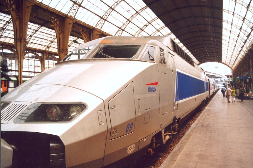 Sleek bullet nose of TGV train in Paris as it waits on platform in station, with passengers walking into the distance.