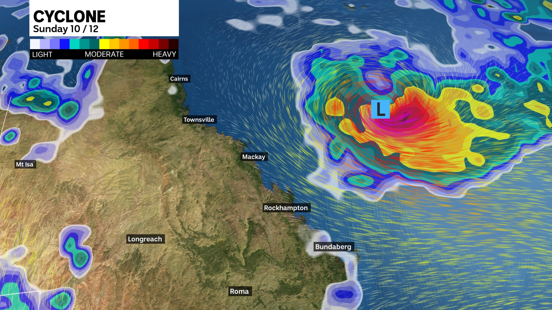 a weather map graph of showing swirls which denote a forecast cyclone for northern parts of australia