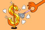 An illustration of a dollar sign being cleaned with a feather duster.