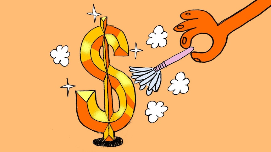 An illustration of a dollar sign being cleaned with a feather duster.