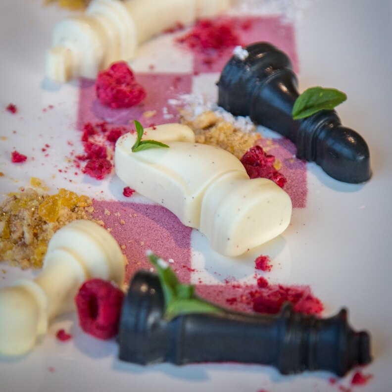 Desserts such as the chess pieces are set out as part of the fun experience Ruben Koopman creates.