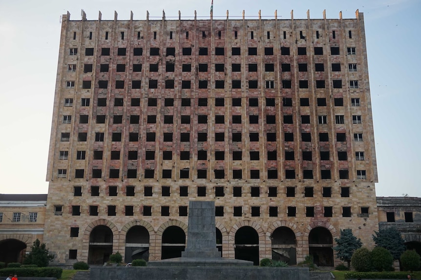 The burnt-out former parliament in Sukhum