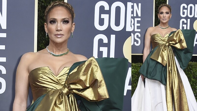 a composite image of Jennifer Lopez wearing a floor-length white gown with a gold and green bow.