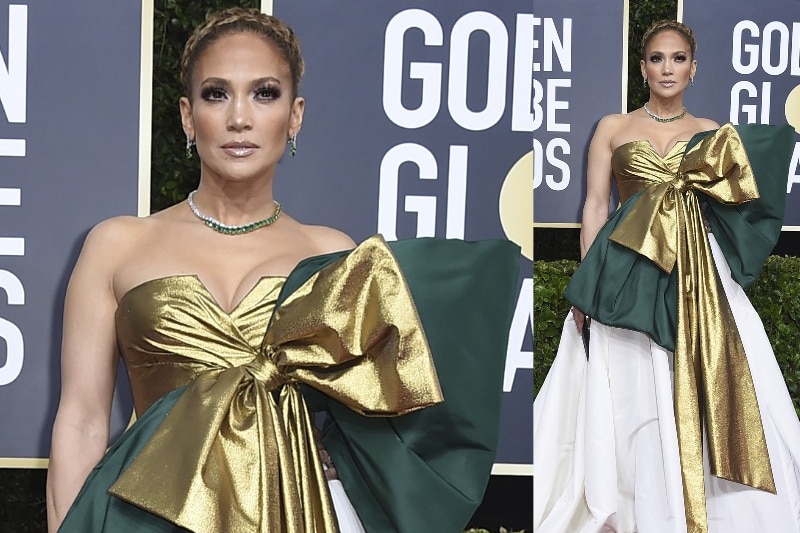 a composite image of Jennifer Lopez wearing a floor-length white gown with a gold and green bow.