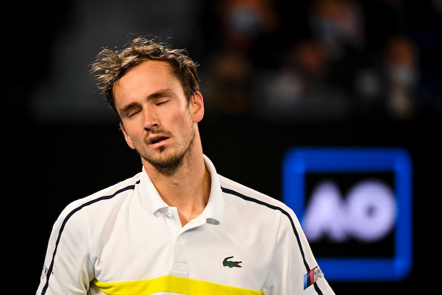 Daniil Medvedev reacts during the Australian Open men's final against Novak Djokovic at Melbourne Park.
