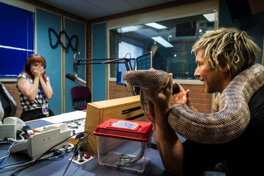 Chris Humfrey holds a large python while radio presenter Fiona Parker backs away in fear