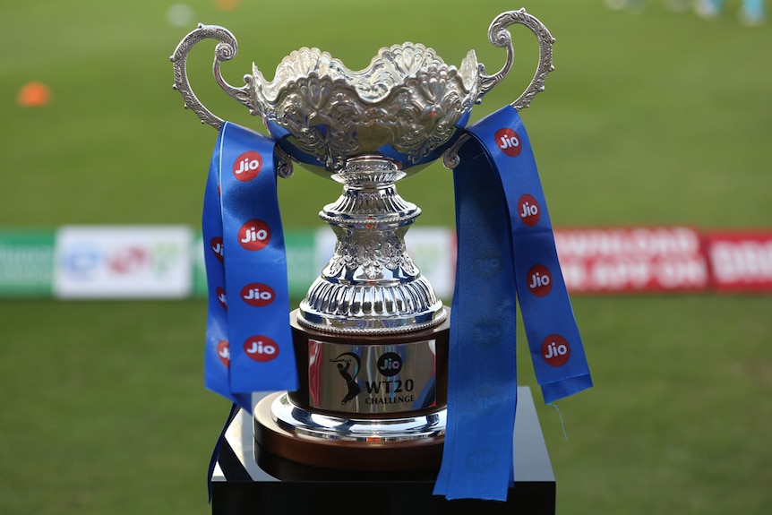 A silver cup sits on a pedestal with blue ribbon on each side.