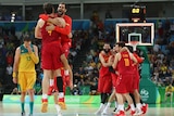 Spain celebrates bronze medal win in basketball over Australia on day 16 at Rio Olympics.