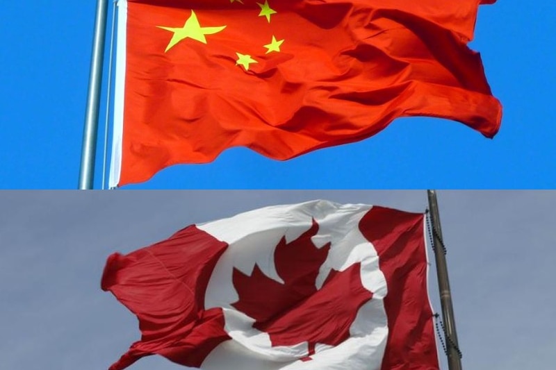 Composite of Chinese and Canadian flags.