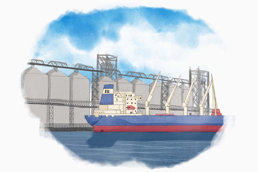 Water colour of shipping port with grain silos, ocean and ship.