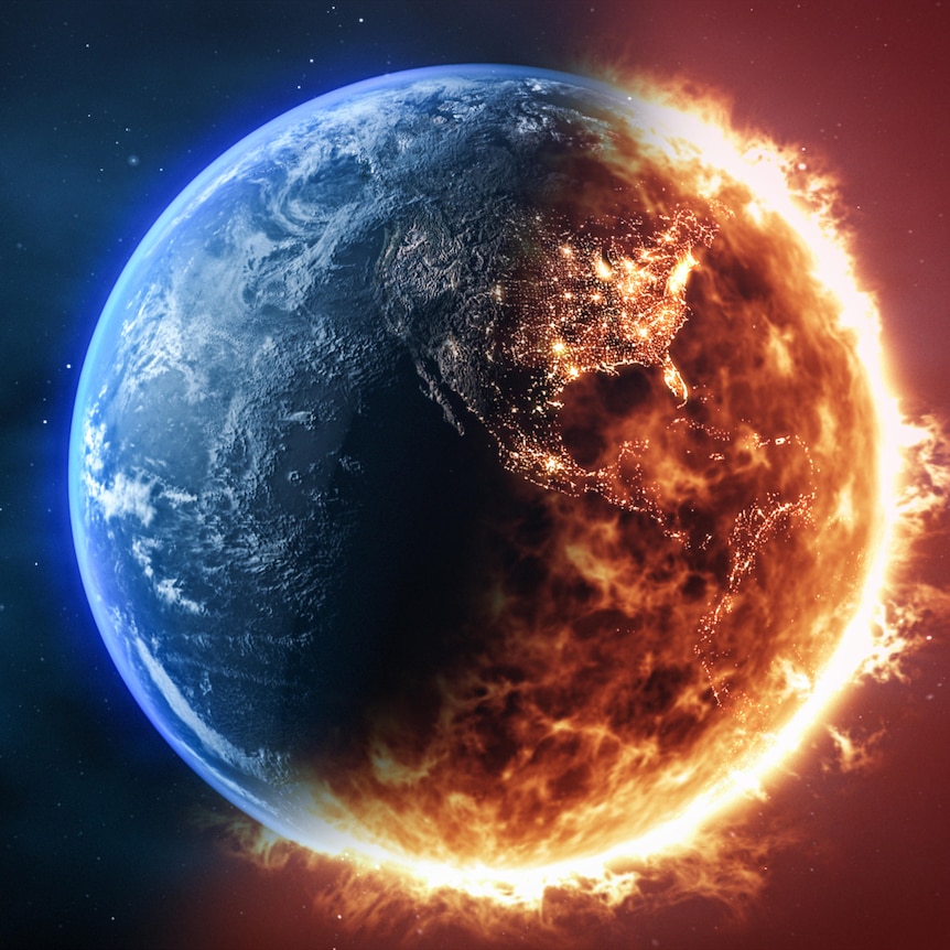 A graphic showing Earth in space, with half on fire, half blue