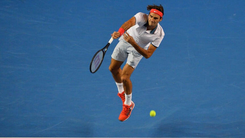 On song ... Roger Federer serves during his match against Blaz Kavcic