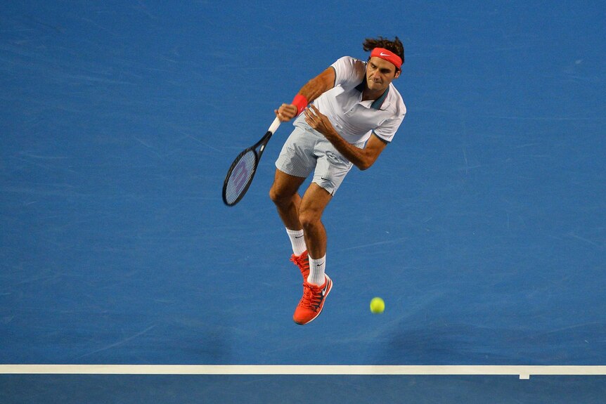 On song ... Roger Federer serves during his match against Blaz Kavcic