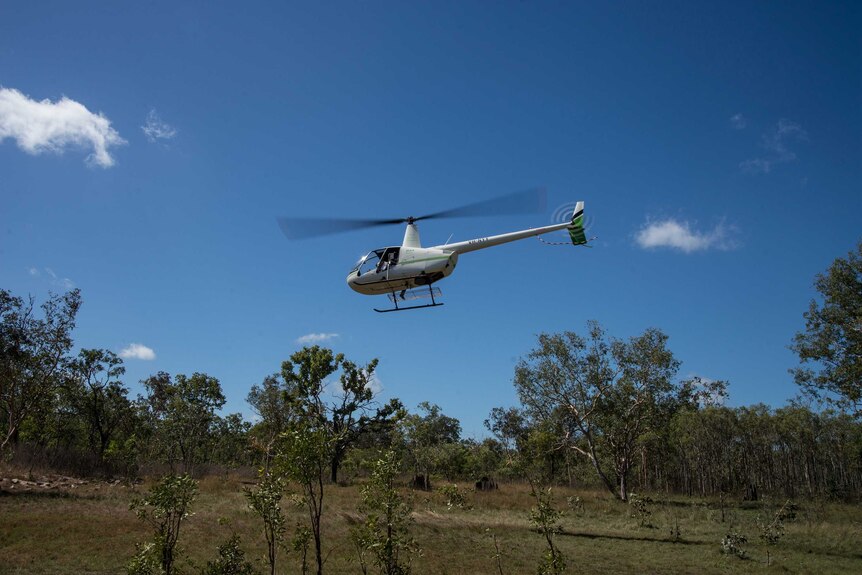 A helicopter takes off to start fires in Arnhem Land.