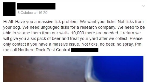 A social media post on Darwin Beer Economy calling out for people to donate their ticks in exchange for beer.