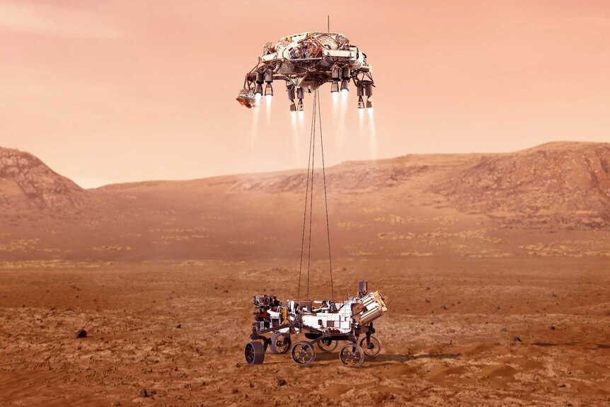 Artist's impression of Perseverance landing on Mars