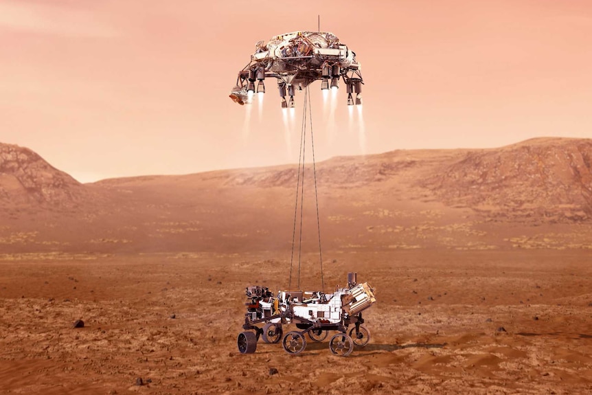Artist's impression of Perseverance landing on Mars